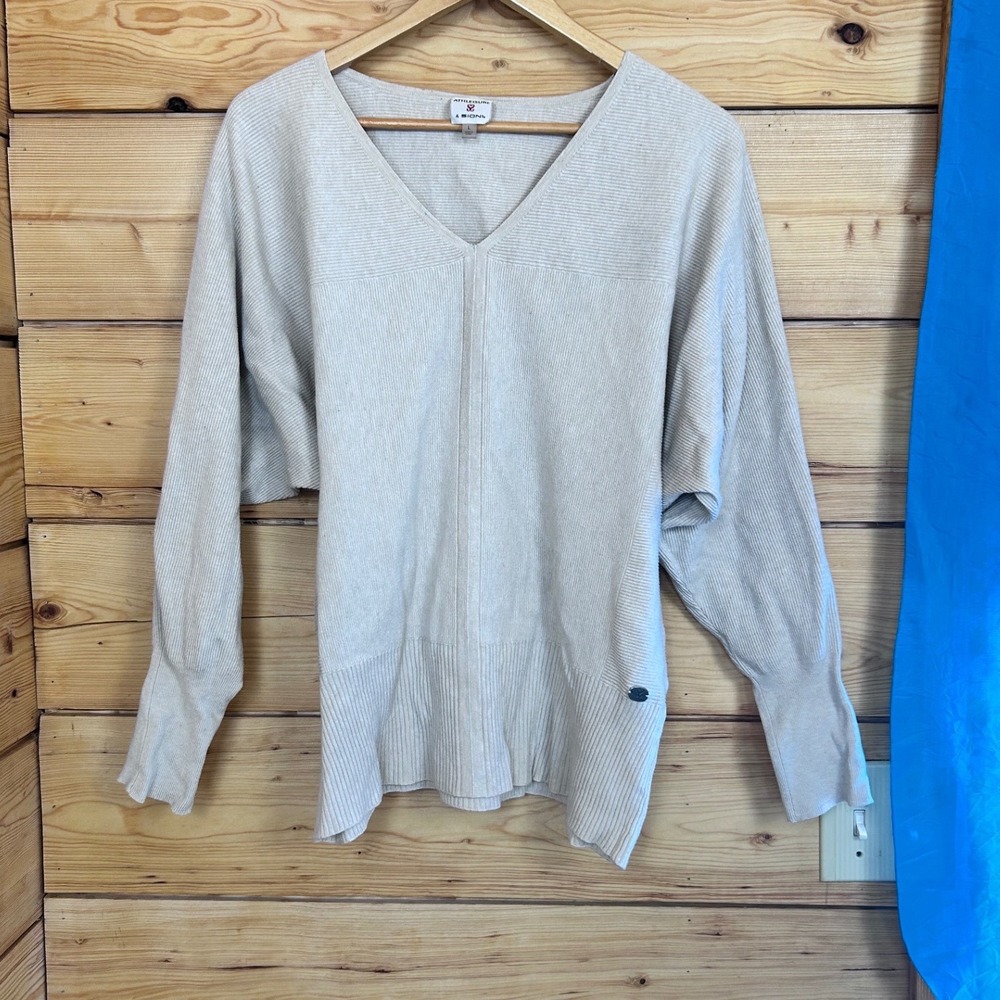 Sioni Womens Beige Ribbed Dolman Sleeve V-Neck Wool Blend Sweater Large Minimali